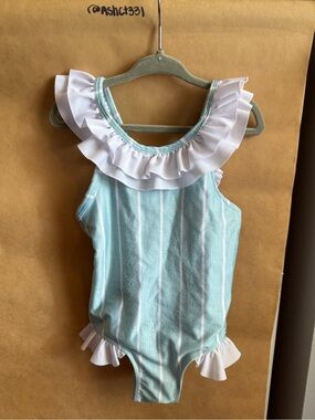 Busy Bee 3T Little Girls Ruffle One-Piece Girls' Swimsuit in Green Mint Stripe